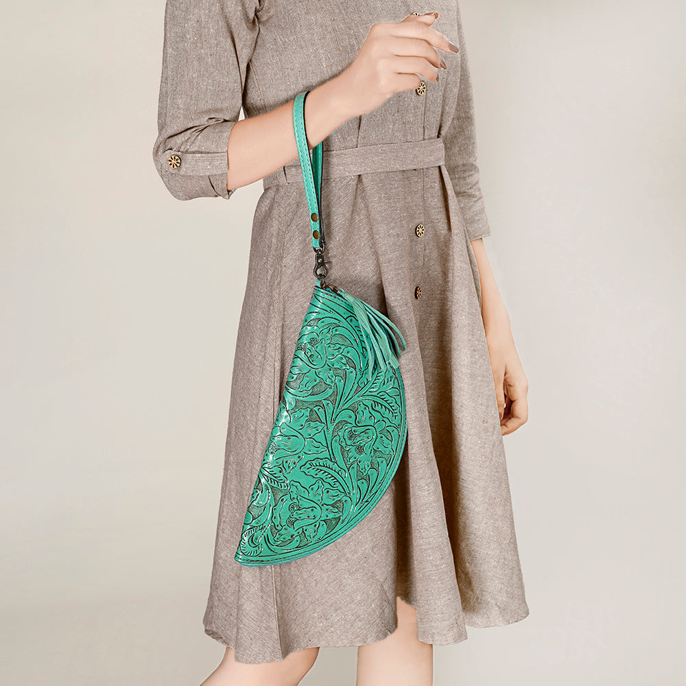 American Darling Hand-Tooled Western Leather Taco Bag - Genuine Floral Carved Designer Wristlet