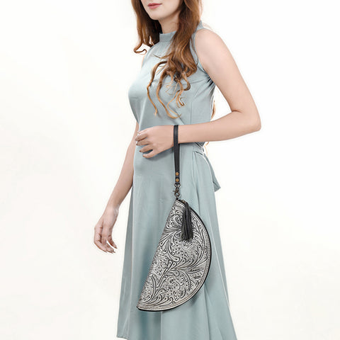 American Darling Hand-Tooled Western Leather Taco Bag - Genuine Floral Carved Designer Wristlet