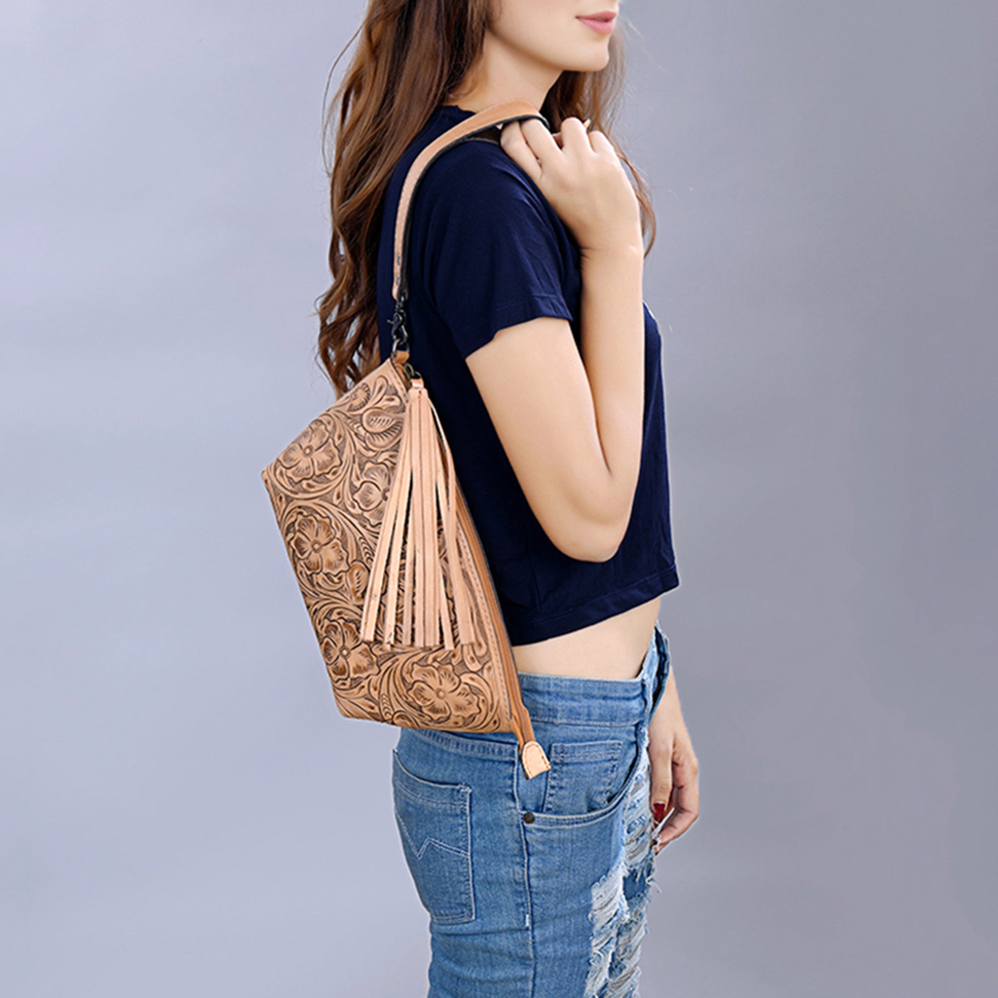 American Darling Hand-Tooled Western Leather Wristlet Bag - Genuine Floral Carved Womens Clutch