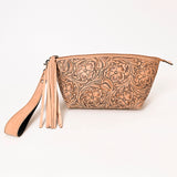 ADBG1234 Hand-Tooled Leather Wristlet Clutch - Floral Design with Tassel