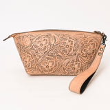 ADBG1234 Hand-Tooled Leather Wristlet Clutch - Floral Design with Tassel