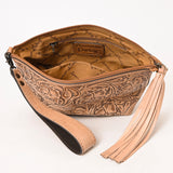 ADBG1234 Hand-Tooled Leather Wristlet Clutch - Floral Design with Tassel