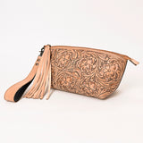 ADBG1234 Hand-Tooled Leather Wristlet Clutch - Floral Design with Tassel