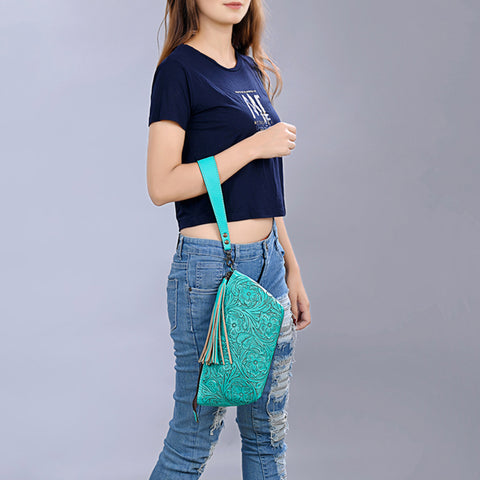 American Darling Hand-Tooled Western Leather Wristlet Bag - Genuine Floral Carved Women Clutch