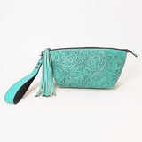 ADBG1234 Hand-Tooled Leather Wristlet Clutch - Floral Design with Tassel