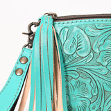 ADBG1234 Hand-Tooled Leather Wristlet Clutch - Floral Design with Tassel