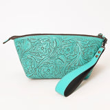 ADBG1234 Hand-Tooled Leather Wristlet Clutch - Floral Design with Tassel