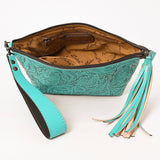 ADBG1234 Hand-Tooled Leather Wristlet Clutch - Floral Design with Tassel