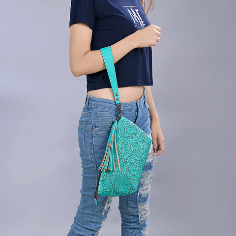 American Darling Hand-Tooled Western Leather Wristlet Bag - Genuine Floral Carved Women Clutch