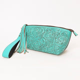 ADBG1234 Hand-Tooled Leather Wristlet Clutch - Floral Design with Tassel