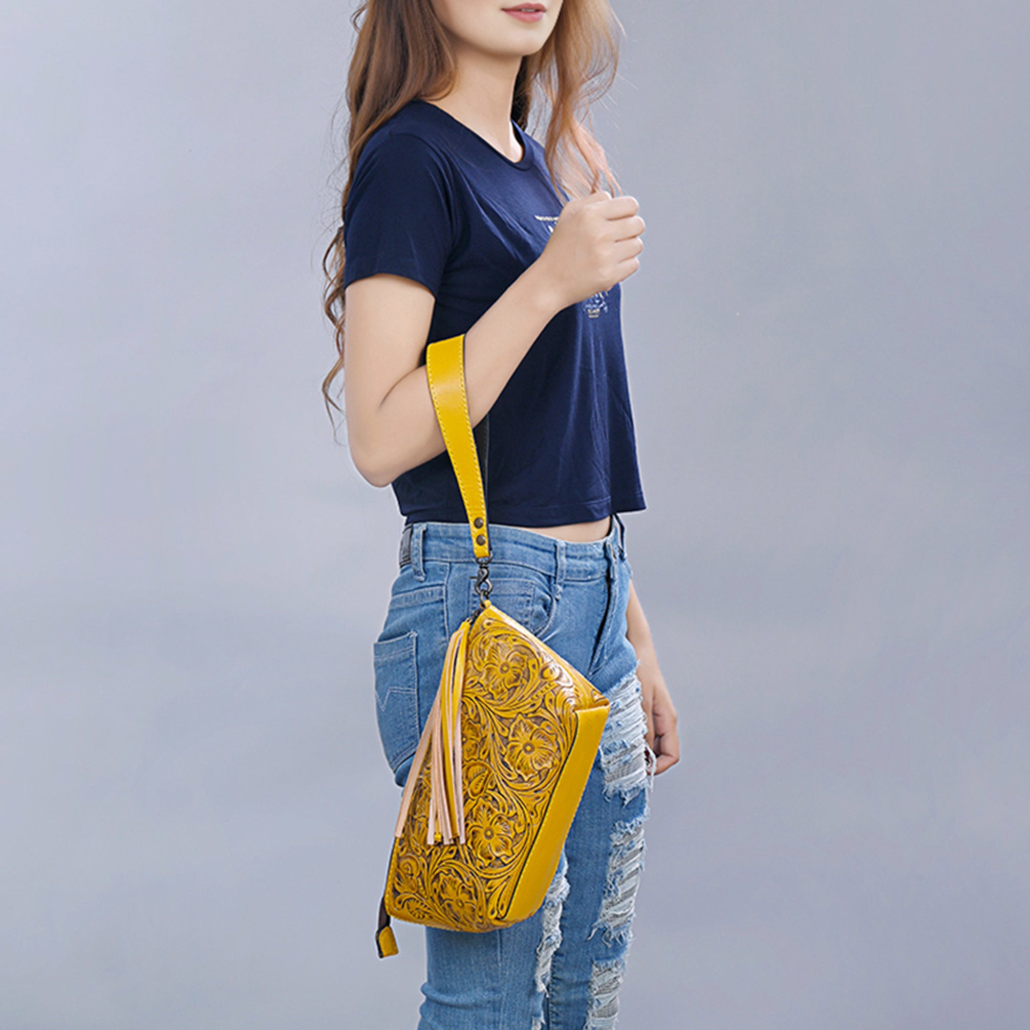 American Darling Hand-Tooled Western Leather Wristlet Bag - Genuine Floral Carved Womens Clutch