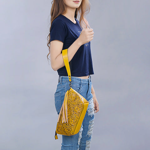 American Darling Hand-Tooled Western Leather Wristlet Bag - Genuine Floral Carved Women Clutch