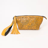 ADBG1234 Hand-Tooled Leather Wristlet Clutch - Floral Design with Tassel