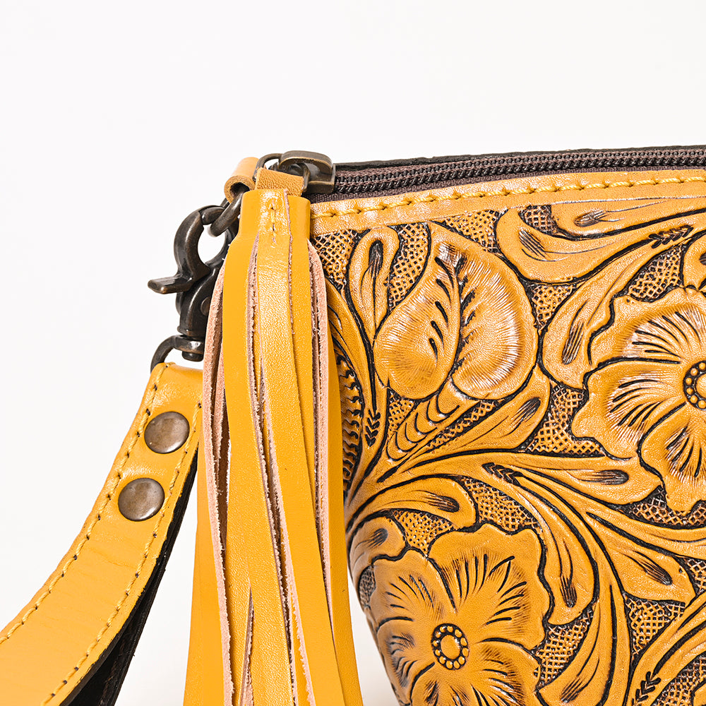 American Darling Hand-Tooled Western Leather Wristlet Bag - Genuine Floral Carved Womens Clutch