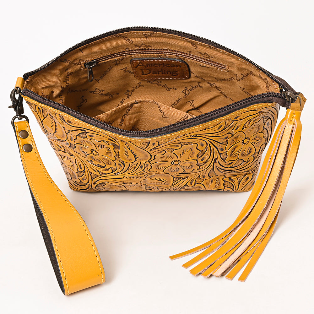 American Darling Hand-Tooled Western Leather Wristlet Bag - Genuine Floral Carved Womens Clutch
