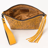 ADBG1234 Hand-Tooled Leather Wristlet Clutch - Floral Design with Tassel