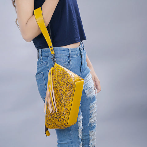 American Darling Hand-Tooled Western Leather Wristlet Bag - Genuine Floral Carved Women Clutch