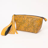 ADBG1234 Hand-Tooled Leather Wristlet Clutch - Floral Design with Tassel
