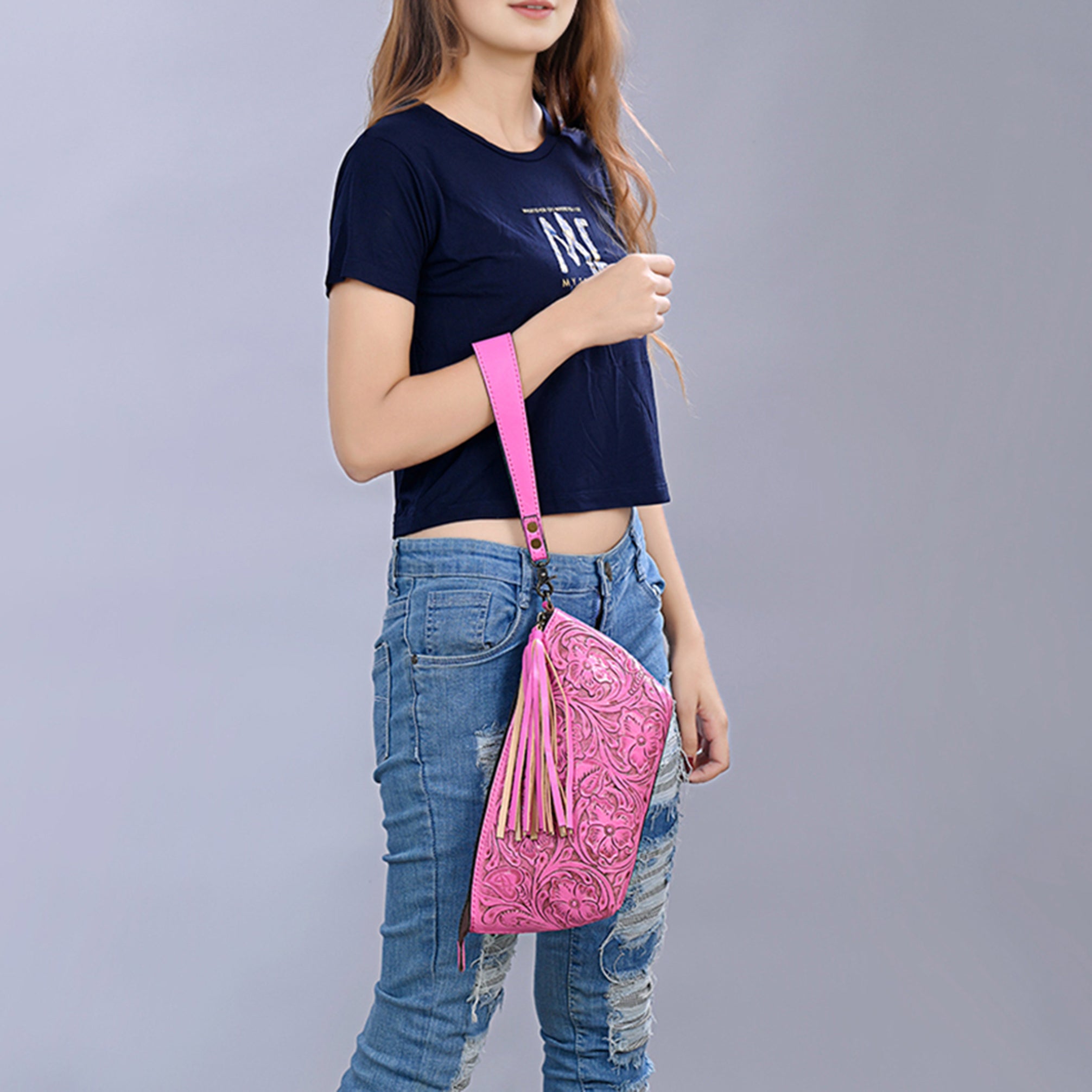 American Darling Hand-Tooled Western Leather Wristlet Bag - Genuine Floral Carved Womens Clutch