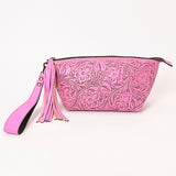 ADBG1234 Hand-Tooled Leather Wristlet Clutch - Floral Design with Tassel
