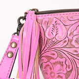 ADBG1234 Hand-Tooled Leather Wristlet Clutch - Floral Design with Tassel