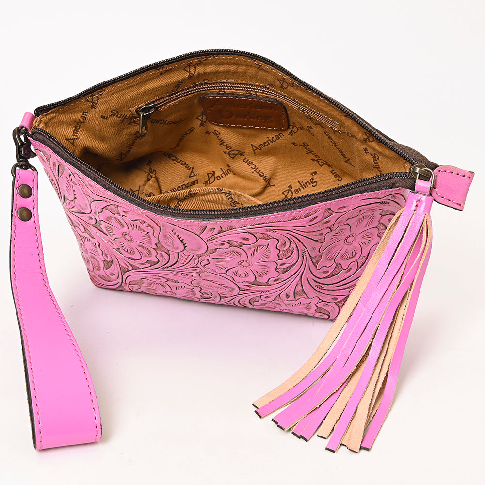 American Darling Hand-Tooled Western Leather Wristlet Bag - Genuine Floral Carved Womens Clutch