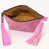 ADBG1234 Hand-Tooled Leather Wristlet Clutch - Floral Design with Tassel