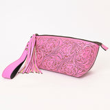 ADBG1234 Hand-Tooled Leather Wristlet Clutch - Floral Design with Tassel