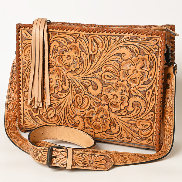 ADBG1235 Hand-Tooled Leather Crossbody Bag - Western Floral Design with Fringe