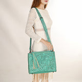 ADBG1235 Hand-Tooled Leather Crossbody Bag - Western Floral Design with Fringe