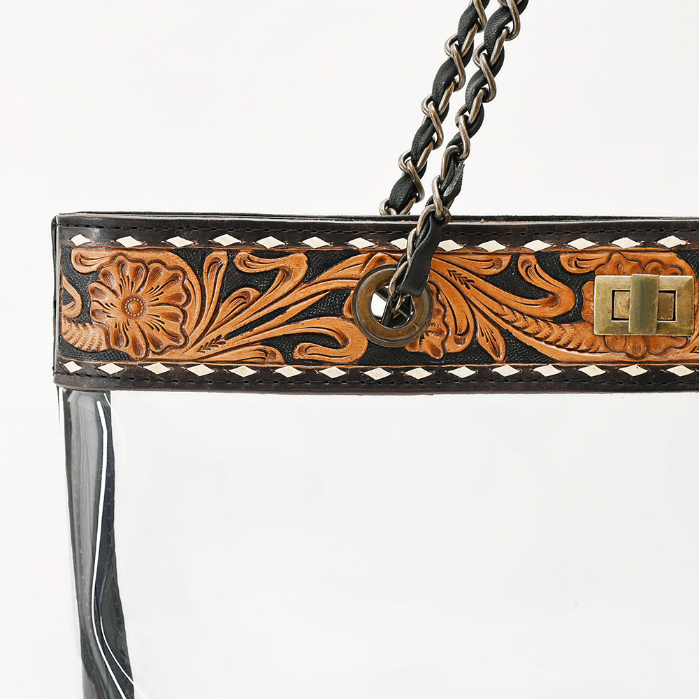 American Darling Western Clear Tote Bag with Hand-Tooled Leather Trim - Genuine Leather Stadium-Approved Tote