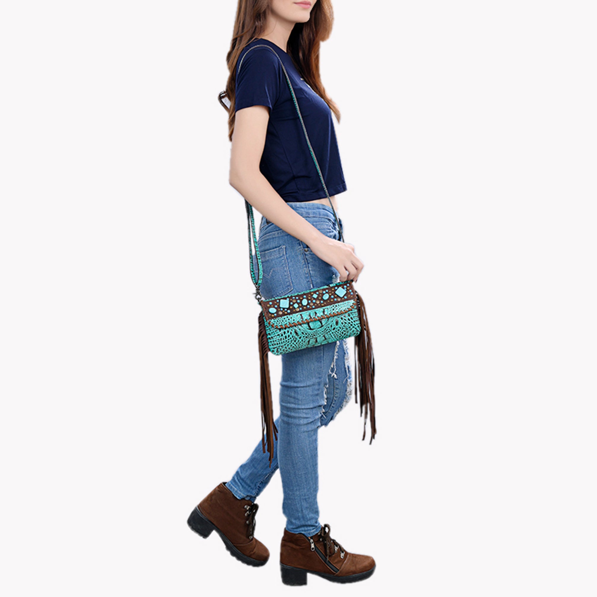 ADBG1241 Turquoise Embossed Leather Crossbody Bag - Studded Flap with Fringe Accents