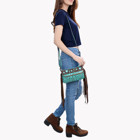 American Darling Western Crossbody Handbag with Fringe - Crocodile Embossed Genuine Leather Purse
