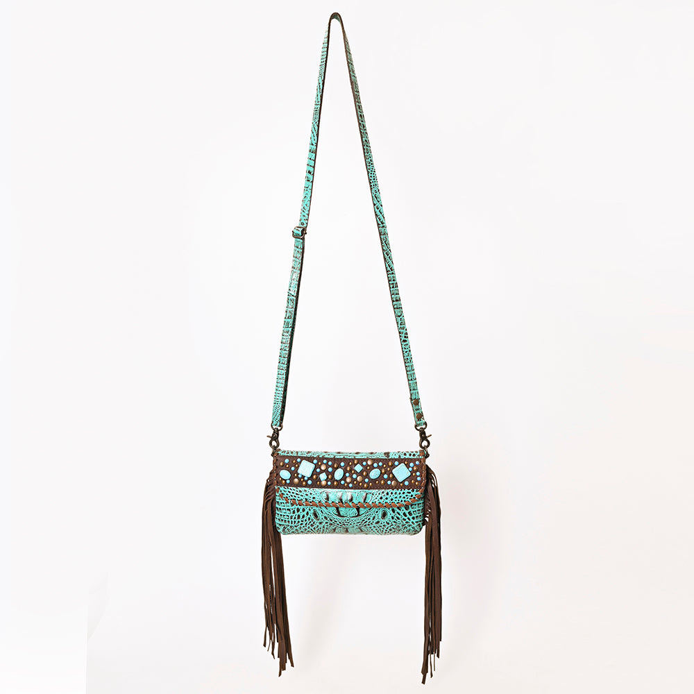 ADBG1241 Turquoise Embossed Leather Crossbody Bag - Studded Flap with Fringe Accents