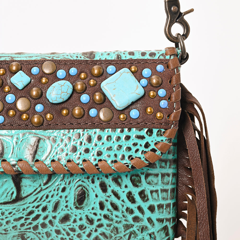 ADBG1241 Turquoise Embossed Leather Crossbody Bag - Studded Flap with Fringe Accents