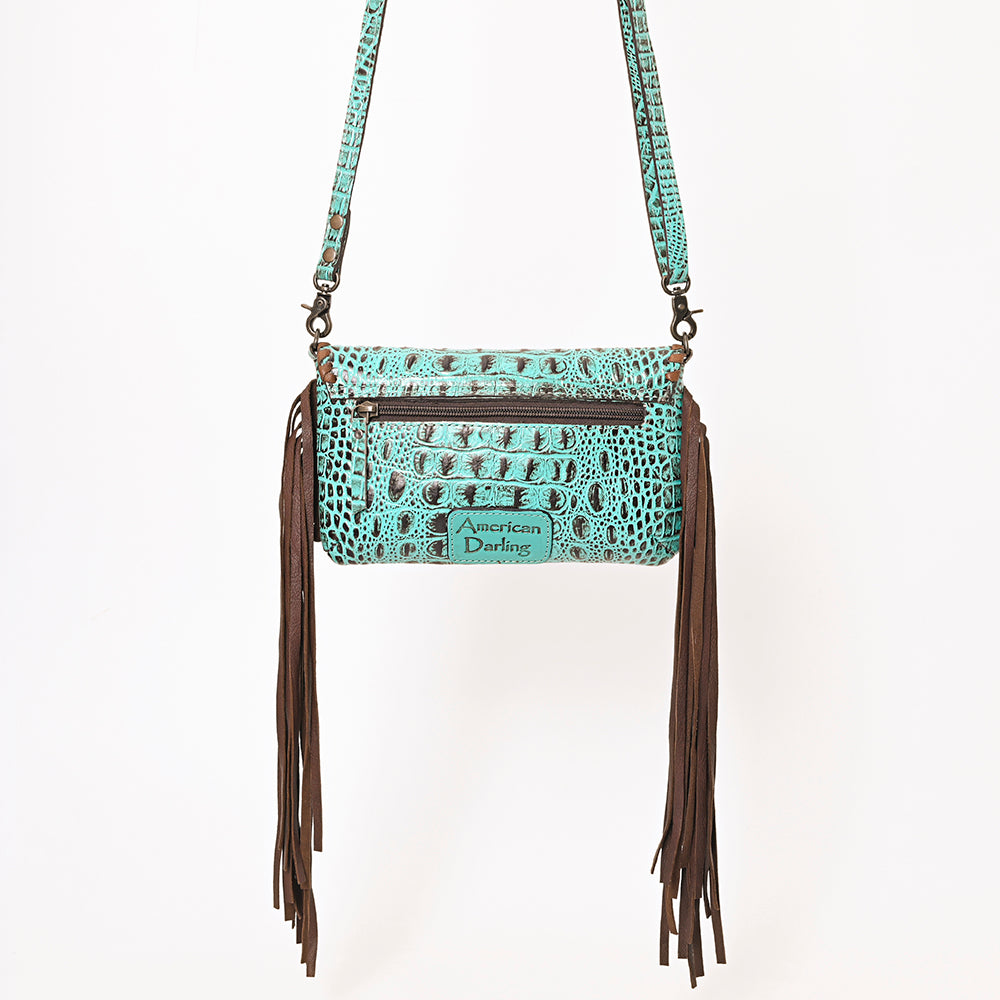 ADBG1241 Turquoise Embossed Leather Crossbody Bag - Studded Flap with Fringe Accents