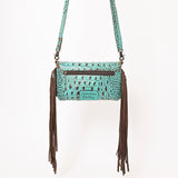 ADBG1241 Turquoise Embossed Leather Crossbody Bag - Studded Flap with Fringe Accents