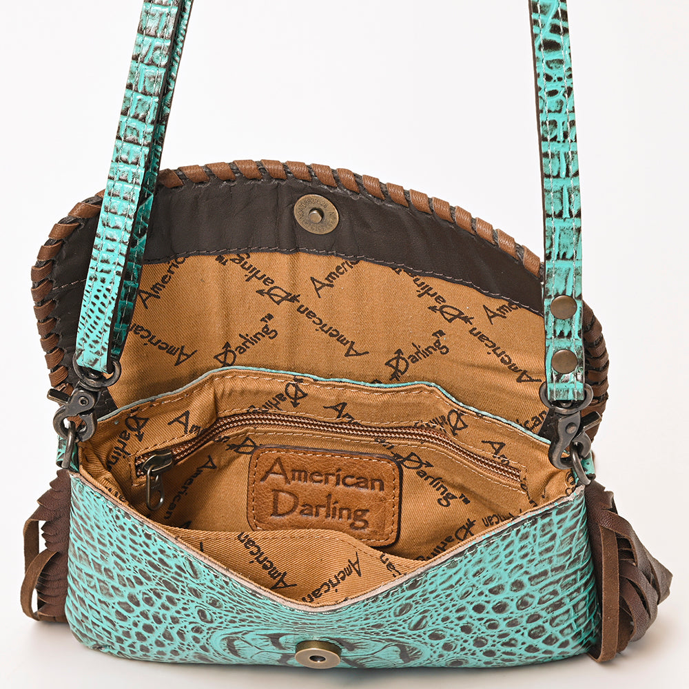 ADBG1241 Turquoise Embossed Leather Crossbody Bag - Studded Flap with Fringe Accents