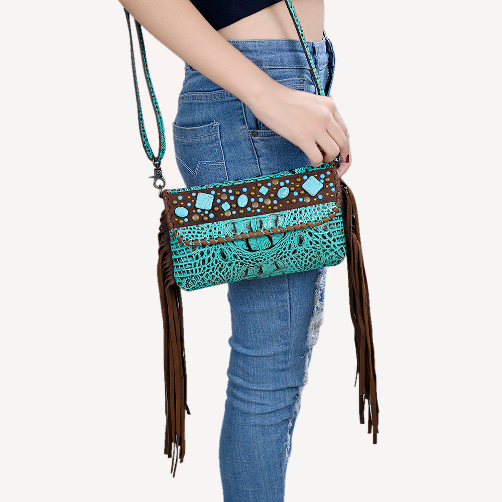 ADBG1241 Turquoise Embossed Leather Crossbody Bag - Studded Flap with Fringe Accents