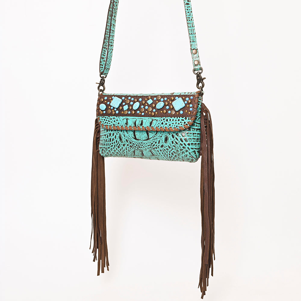 ADBG1241 Turquoise Embossed Leather Crossbody Bag - Studded Flap with Fringe Accents