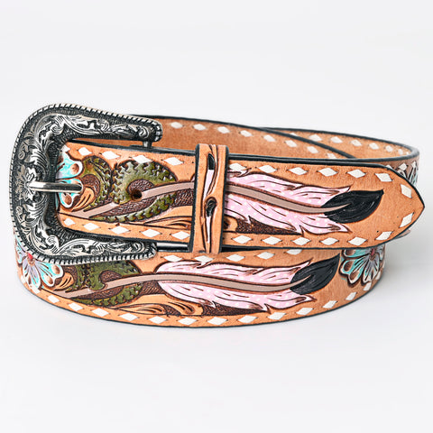 LC-ADBLF152 Hand-Tooled Leather Belt - Pink Feather & Turquoise Flower Western Design