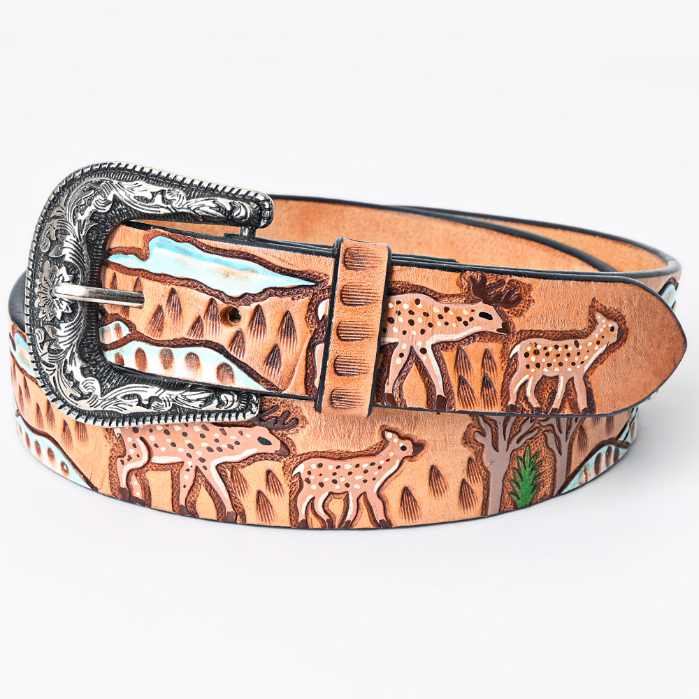 LC-ADBLF163 Tooled Leather Western Belt - Deer & Wilderness Landscape