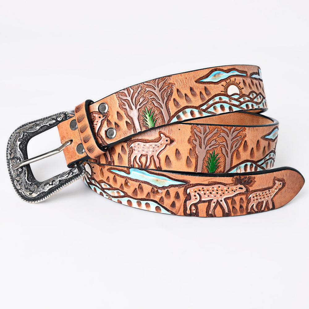 LC-ADBLF163 Tooled Leather Western Belt - Deer & Wilderness Landscape