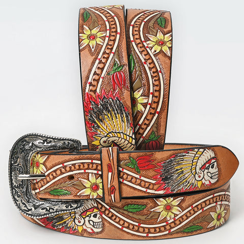 LC-ADBLF168 Handtooled Leather Belt - Warrior Skull Headdress & Western Floral Accents