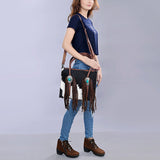 LC-ADBG1091 Western Hair-On Cowhide Leather Tote Bag with Turquoise Accents & Fringe-American Darling