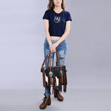 LC-ADBG1091 Western Hair-On Cowhide Leather Tote Bag with Turquoise Accents & Fringe-American Darling