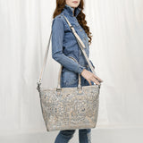 ADBG1246 Hand-Tooled Leather Tote Bag - Western Floral Design with Dual Handles