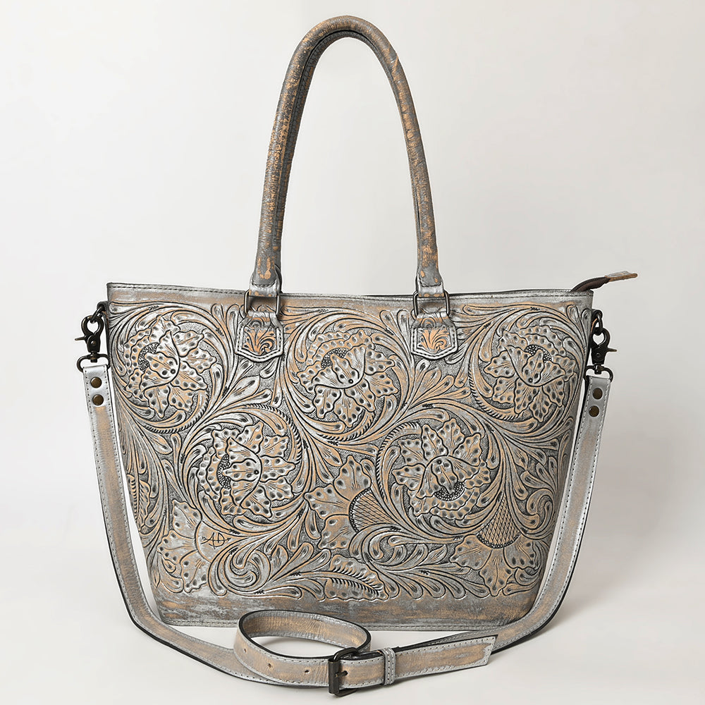 American Darling Western Hand-Tooled Leather Tote Bag Genuine Floral Carved Tote
