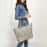 ADBG1246 Hand-Tooled Leather Tote Bag - Western Floral Design with Dual Handles