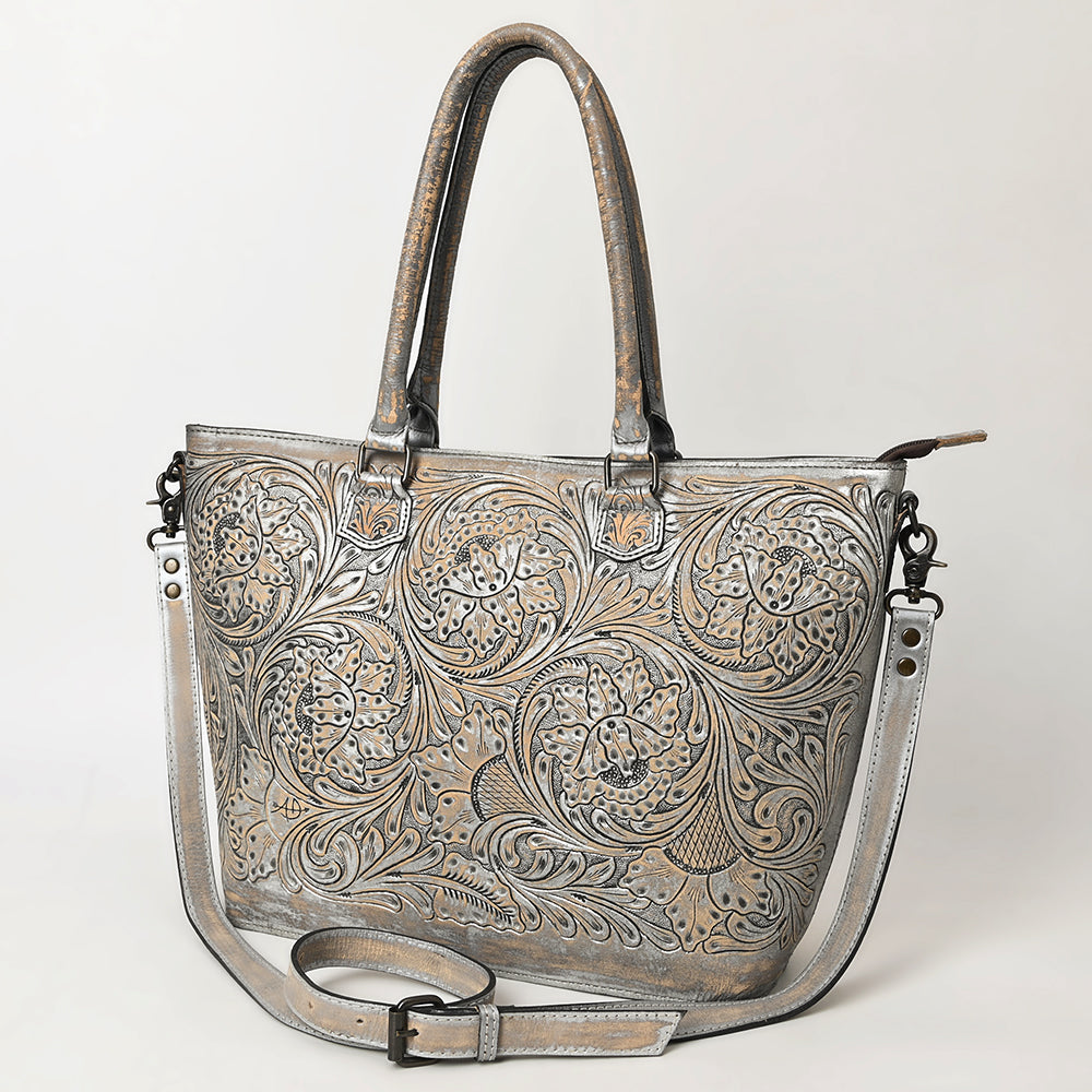 American Darling Western Hand-Tooled Leather Tote Bag Genuine Floral Carved Tote